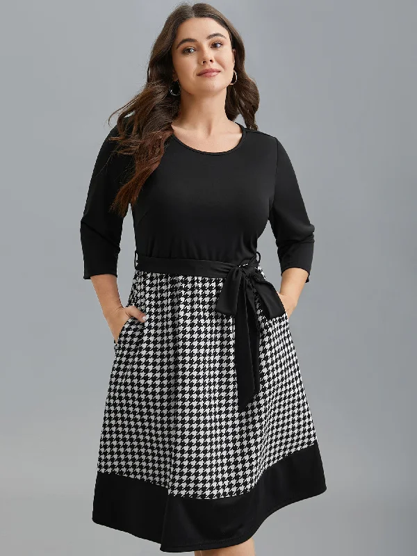 Plus size dresses featuring polka dots feel playful -Color-Block Belted Fit & Flare Midi Dress