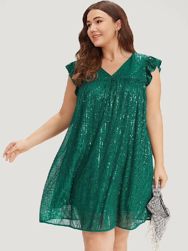 Plus size dresses for summer nights shimmer lightly -Sequin Mesh Pocket Cap Sleeve Ruffle Trim Dress