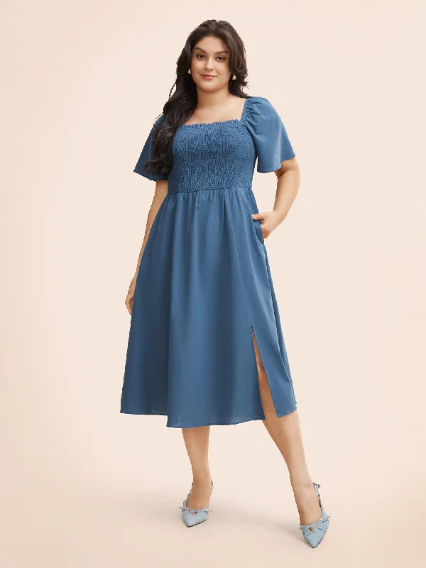 Plus size dresses featuring beadwork dazzle quietly -Cotton Square Neck Shirred Ruffle Sleeve Split Hem Dress