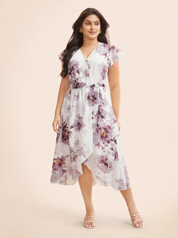 Plus size dresses for cold seasons warm up -Floral Overlap Collar Ruffle Cap Sleeve Dress