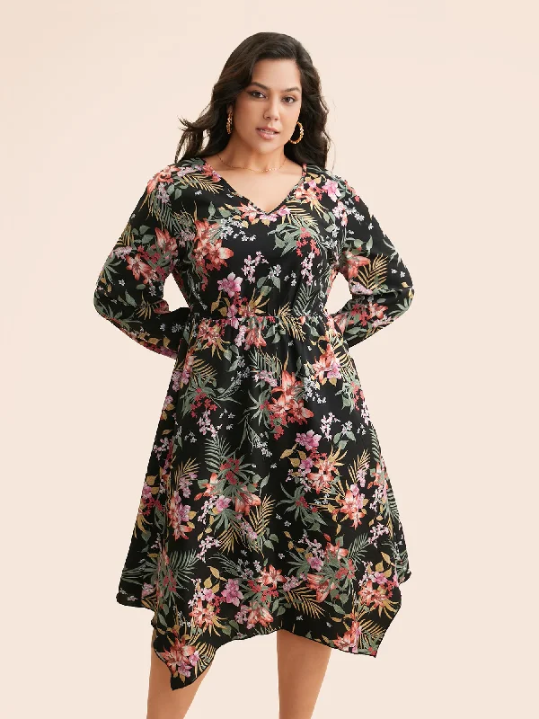 Plus size dresses with midi lengths balance well -V Neck Floral Asymmetrical Hem Dress