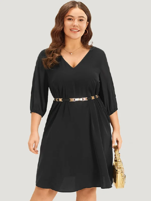 Plus size dresses with short sleeves suit spring -Solid Pocket Cut Out V Neck Dress