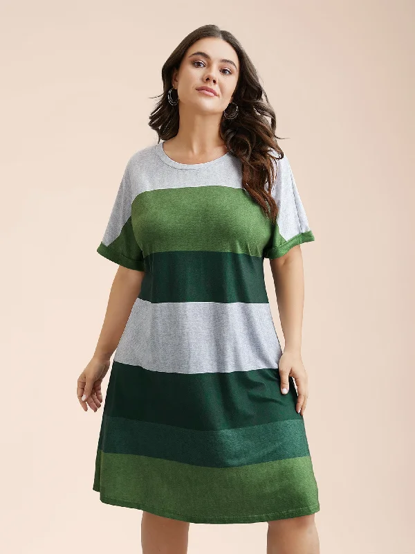 Plus size dresses with durable fabrics endure wear -Striped Dolman Sleeve Contrast Knit Dress