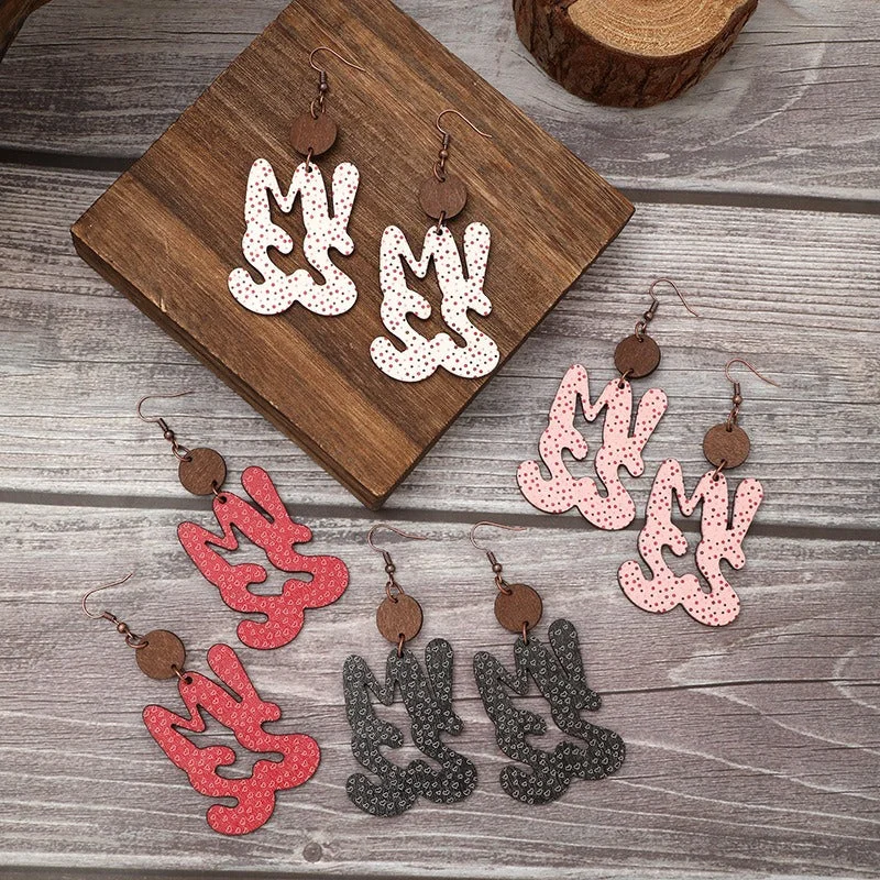 Heart Shaped Drop Earrings for Love -Wholesale Valentine's Day English Letter MISS Miss Pattern Wooden Earrings