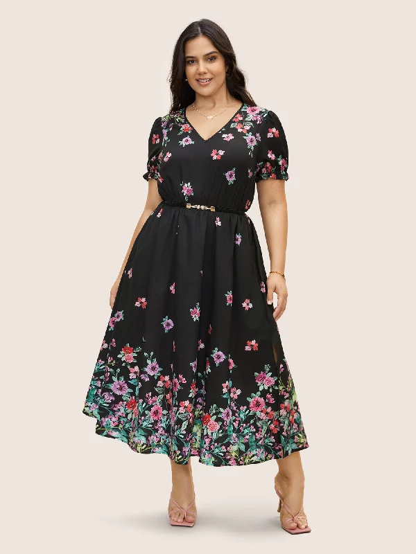 Plus size dresses with tough fabrics age well -Boho Print V Neck Elastic Waist Dress