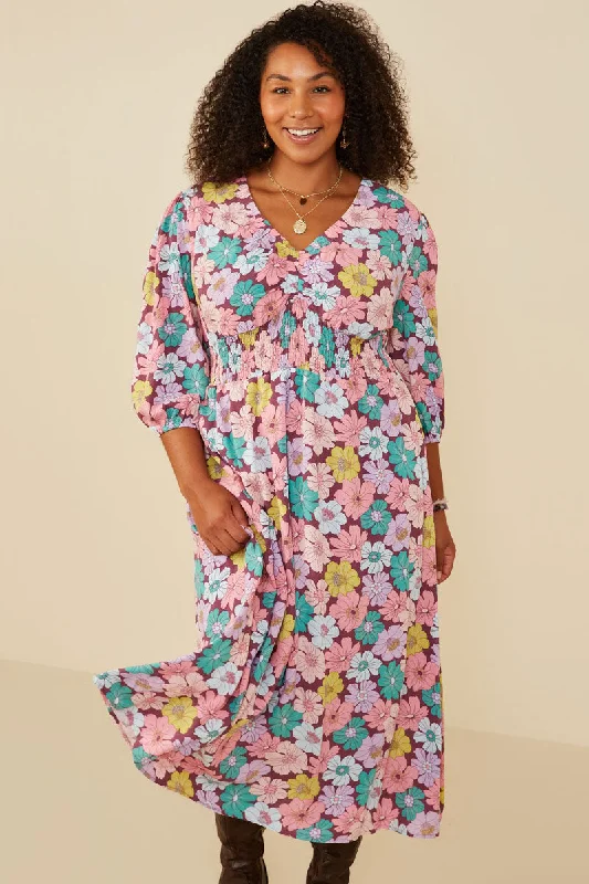 Plus size dresses for travel pack light always -Floral Elastic And Smock Detail Dress