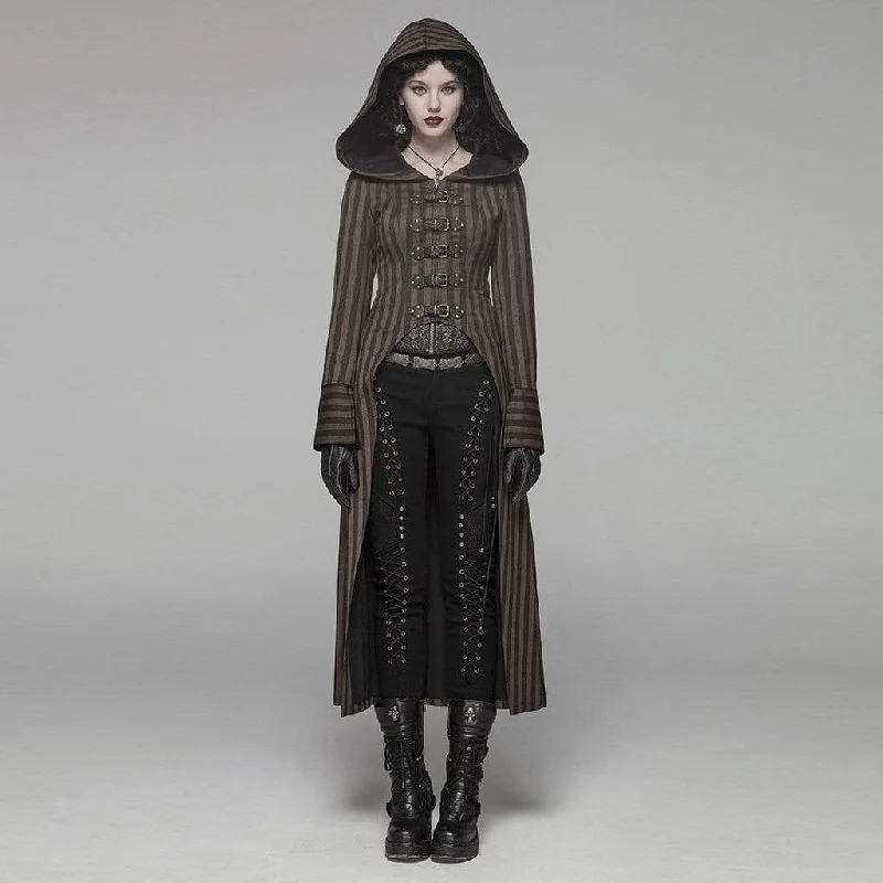 Formal T-Shirts for Occasions -Women's Goth Stripes Hooded Swallow Tailed Overcoat Coffee