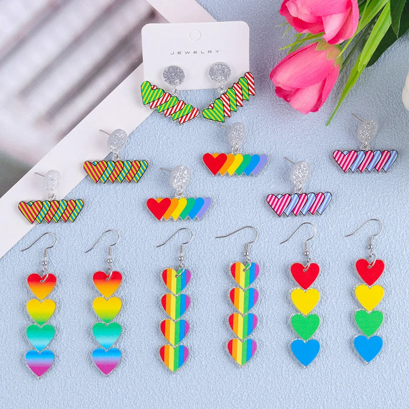 Maximalist Drop Earrings for Bling -Wholesale Valentine's Day Vertical Rainbow Heart Acrylic Simple Personality Earrings