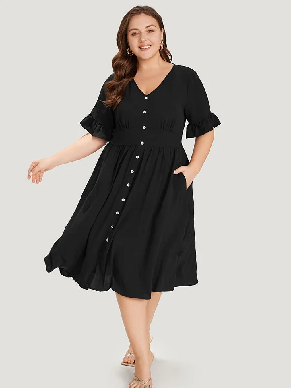 Chic plus size dresses for evenings drape perfectly -Solid Bell Sleeve Button Detail Pocket Gathered Dress