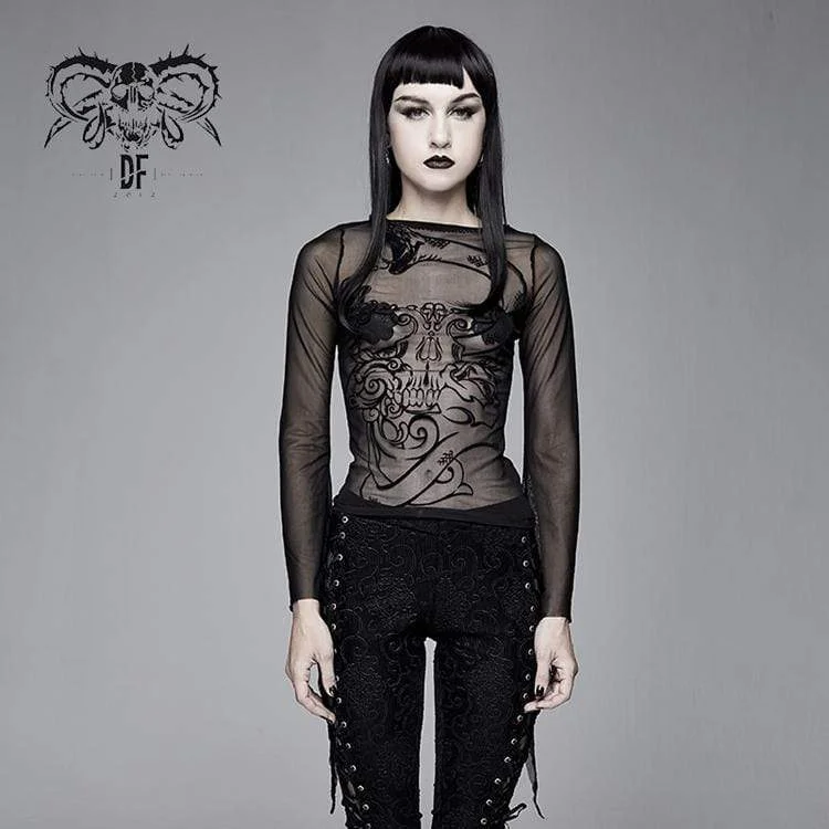 Silk T-Shirts for Luxurious Feel -Women's Goth Sheer Flare Sleeved Mesh Tops