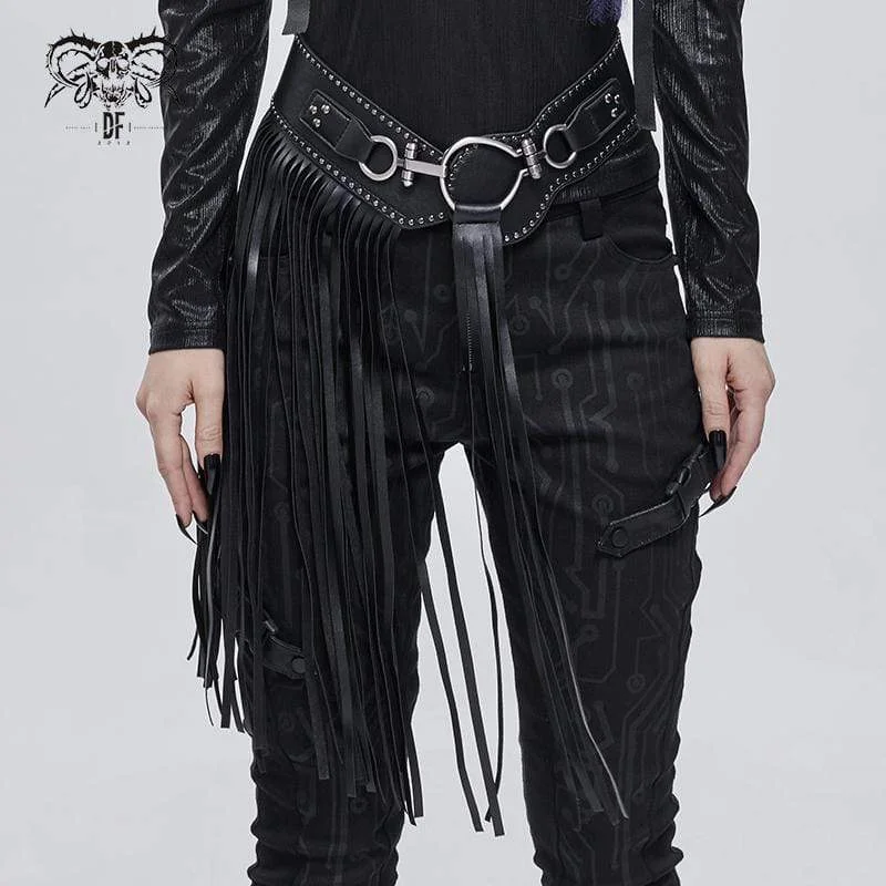 Polyester T-Shirts for Durable Wear -Women's Gothic Elastic Tassels Faux Leather Girdle