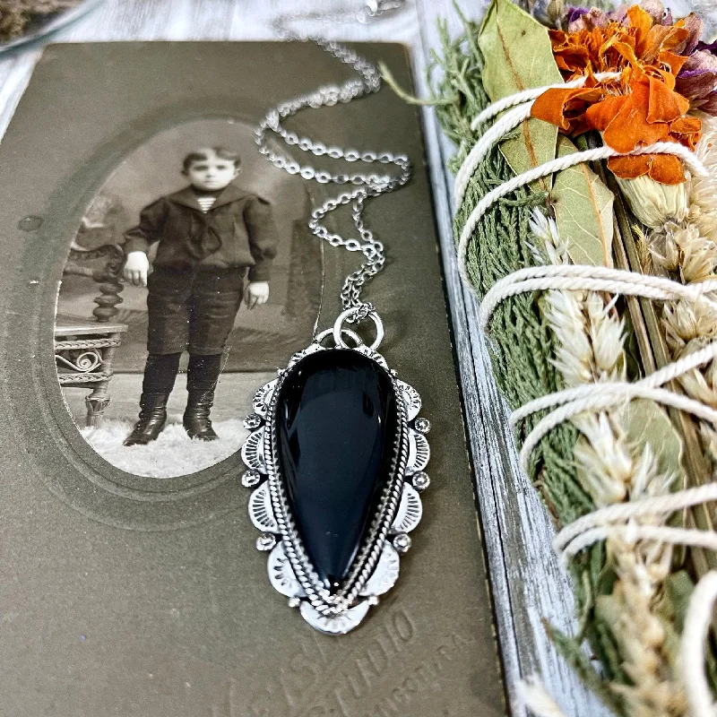 Best necklaces and pendants with opal gemstones for an iridescent glow-Black Onyx Crystal Teardrop Necklace in Sterling Silver  -Designed by FOXLARK Collection / Witchy Necklace Goth Jewelry