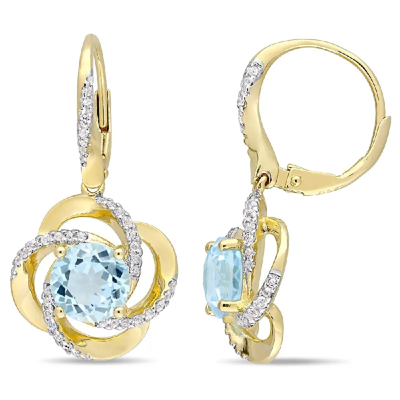 Drop Earrings for Yoga Session -Miadora Yellow Gold Plated Sterling Silver Sky-Blue Topaz and White Topaz Swirl Halo Leverback Earrings