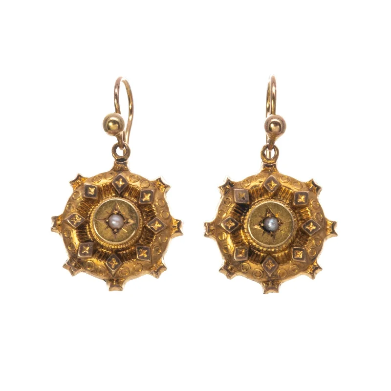 Maximalist Drop Earrings for Bling -Victorian Etruscan Revival 14K Gold Seed Pearl Drop Earrings