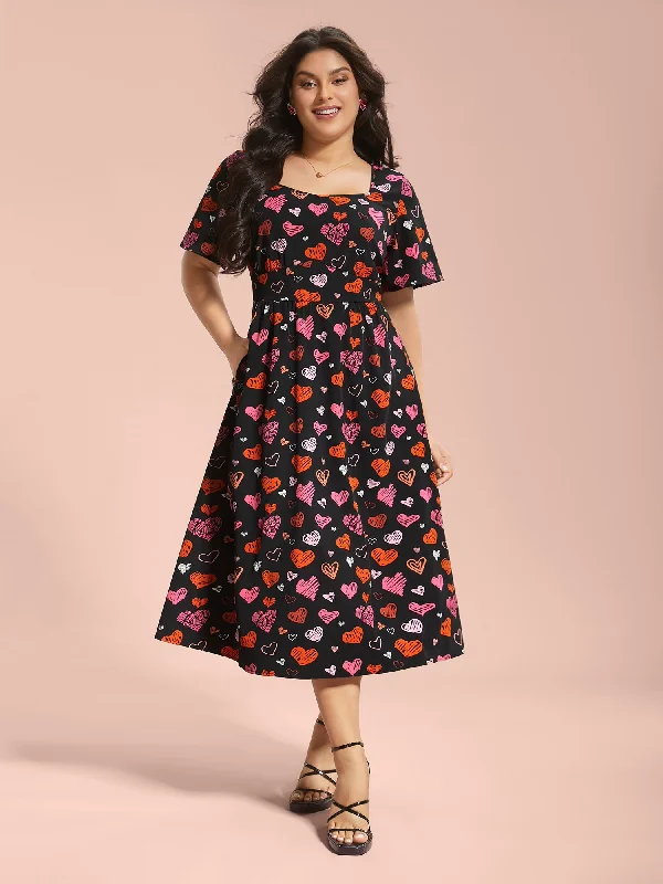 Plus size dresses for long days support fully -Heart Print Ruched Stretchy Waist Dress