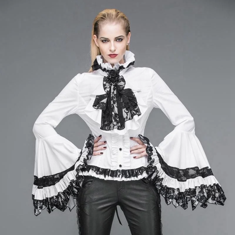 Polyester T-Shirts for Durable Wear -Women's Vintage Short Ruffled Top With Trumpet Sleeves