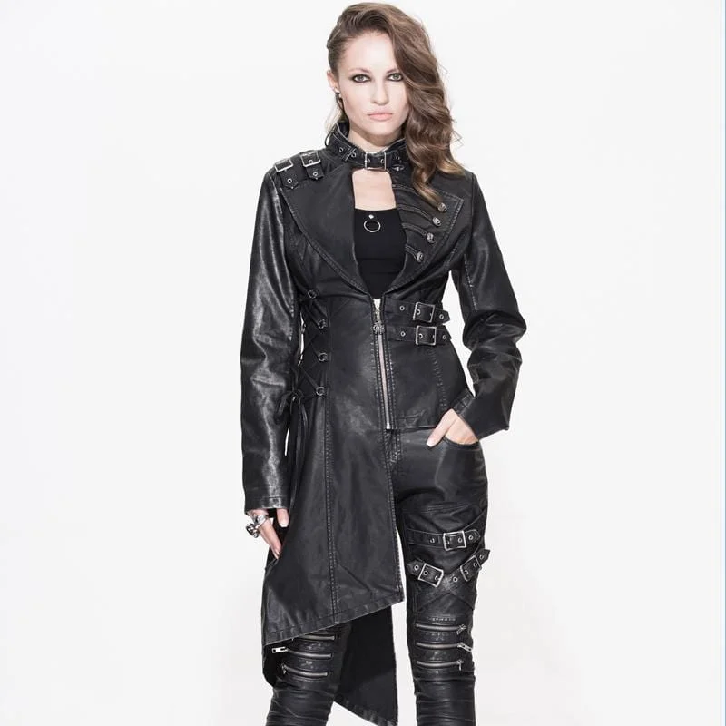 Long Sleeve T-Shirts for Extra Coverage -Women's Asymmetric Leather Punk Coat