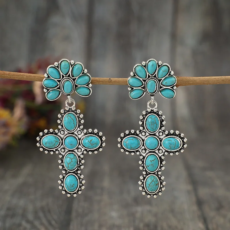 Large Drop Earrings for Statement -Wholesale Western Style Vintage Cross Stitching Half Flower Inlaid Turquoise Earrings