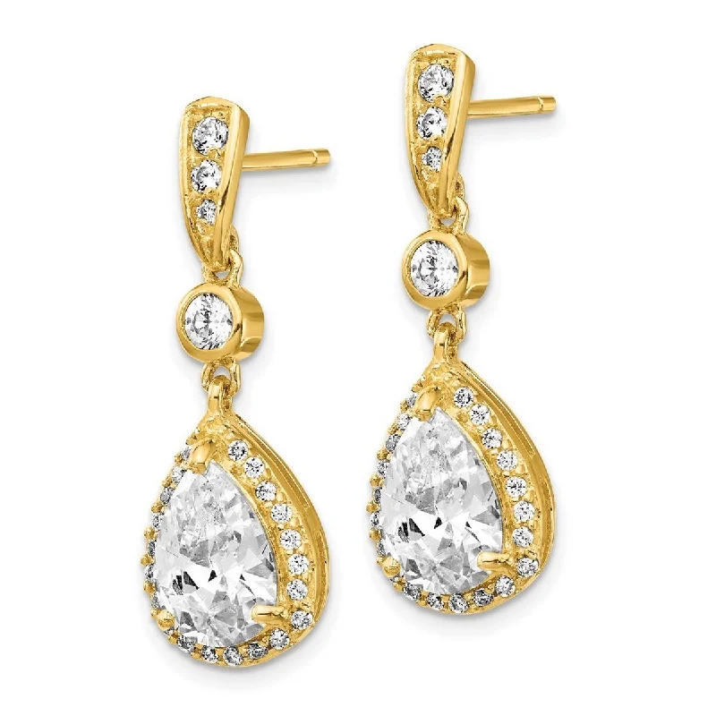 Magnetic Closure Drop Earrings for Easy -Curata Gold Plated 925 Sterling Silver 27x9mm Pear CZ Cubic Zirconia Dangle Post Earrings