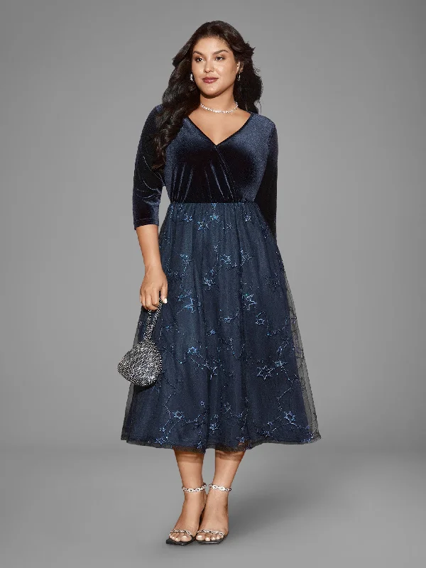 Plus size dresses for minimalist style stay clean -Velvet Star Mesh Surplice Neckline Midi Dress