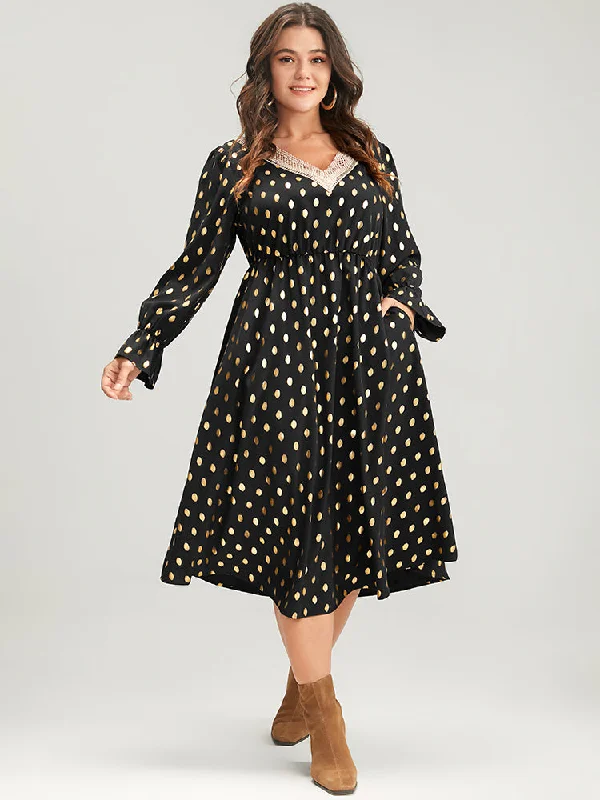 Plus size dresses featuring gemstone details shine subtle -Polka Dot Lantern Sleeve Pocket Lace Trim Midi Dress