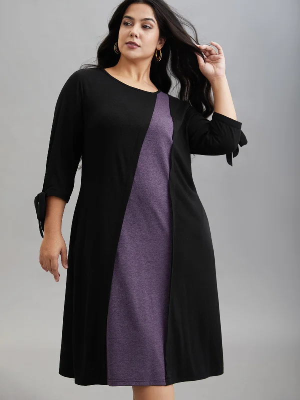 Plus size dresses for fuller busts fit perfectly -Color Block Tie-Knot Fitted Midi Dress