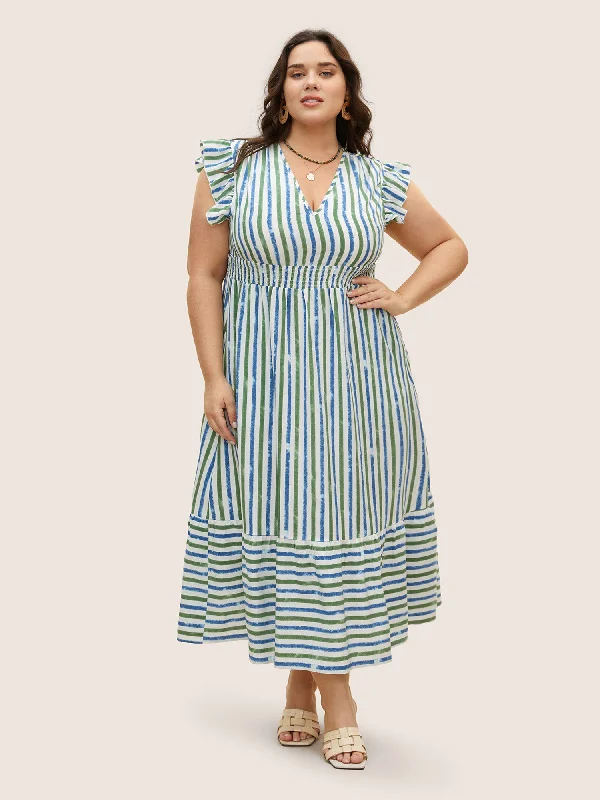 Plus size dresses for bold outfits match well -Striped Ruffle Cap Sleeve Shirred Dress