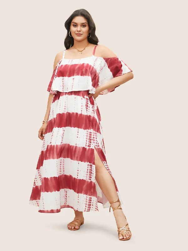 Plus size dresses for wide hips fit nicely -Tie Dye Cold Shoulder Flutter Layered Dress