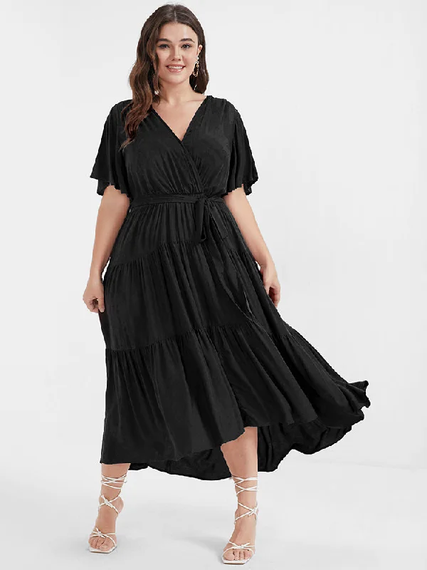 Plus size dresses with supportive fits lift spirits -Solid Button Pocket Belted Ruffles Wrap Midi Dress