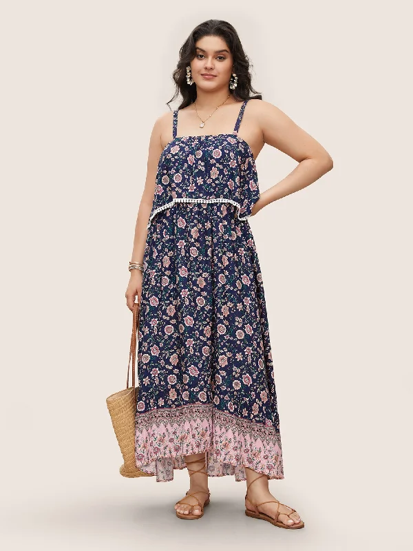 Plus size dresses for office chic stay crisp -Bandana Print Spaghetti Strap Pocket Ruffles Asymmetrical Hem Maxi Dress