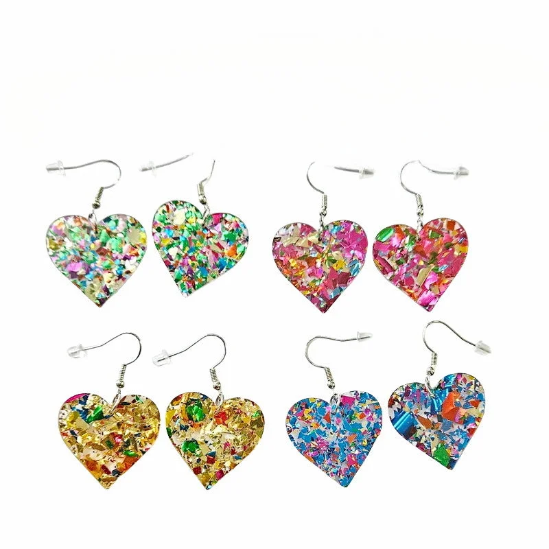 Push Back Drop Earrings for Convenience -Wholesale Acrylic Valentine's Day Colorful Sequin Heart Shaped Love DIY Earrings