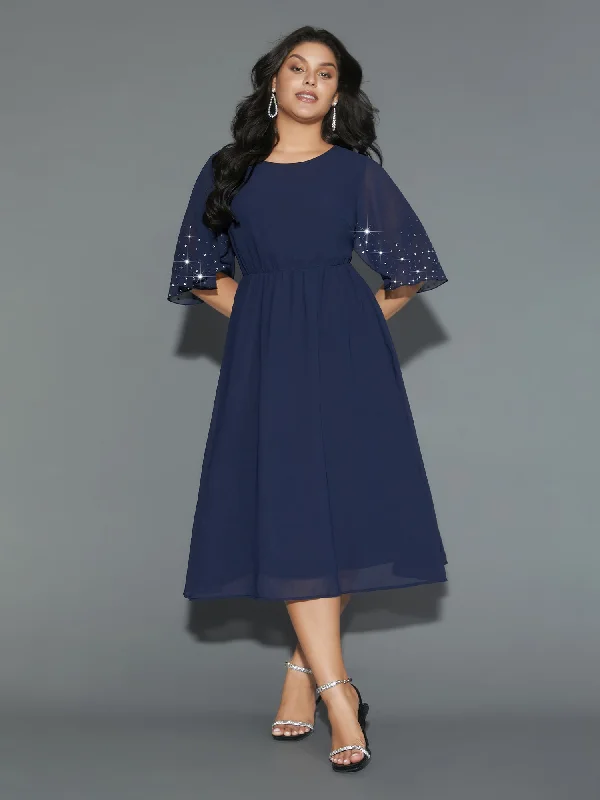 Plus size dresses with tie waists adjust perfectly -Rhinestone Elastic Waist Ruffle Sleeve Dress