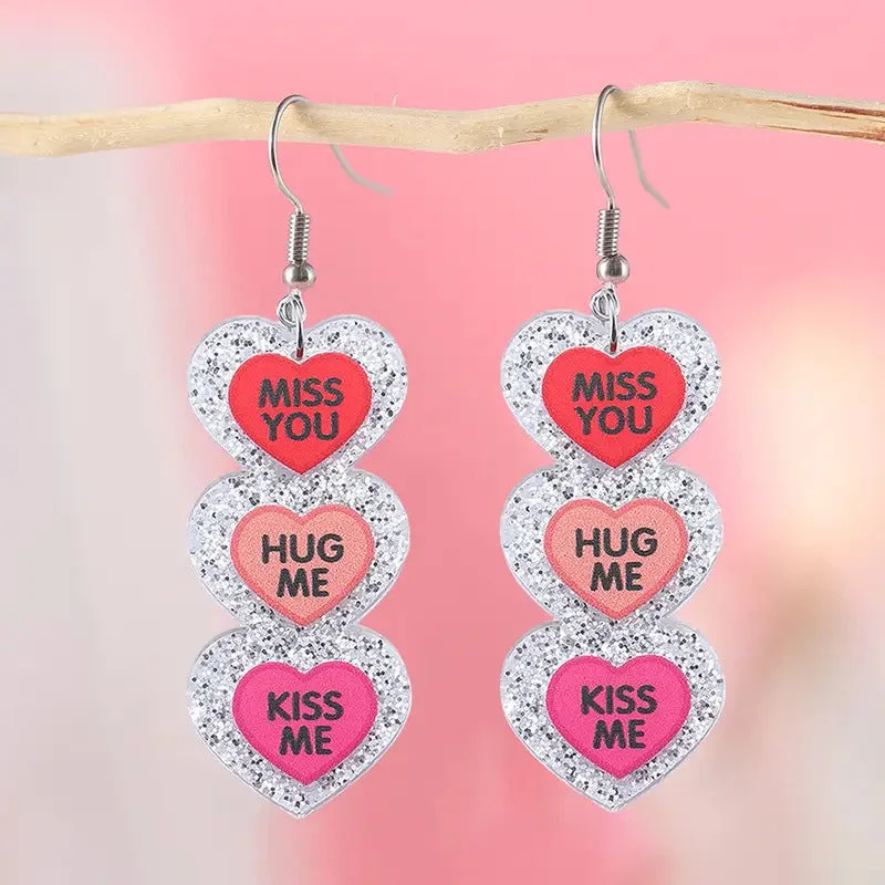 Lightweight Drop Earrings for All Day -Wholesale three-color love stitching earrings Valentine's Day romantic English heart glitter pendant earrings