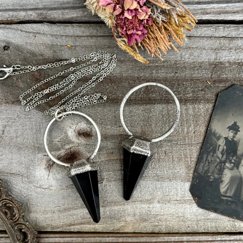 Beautiful necklaces and pendants with butterfly motifs for a whimsical style-Black Obsidian Crystal Pendulum Necklace Pendant in Fine Silver  / Foxlark Collection