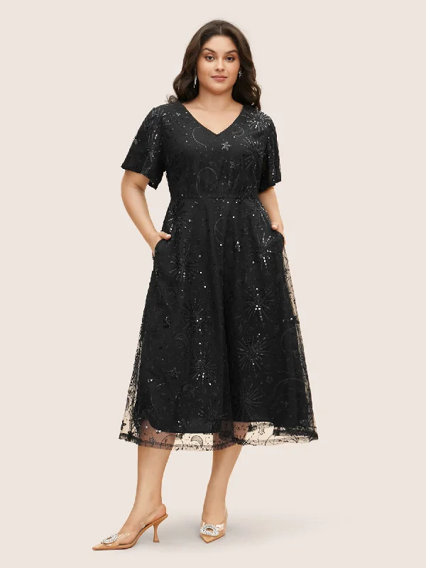 Plus size dresses with side ties cinch nicely -V Neck Star Sequin Mesh Embroidered Dress