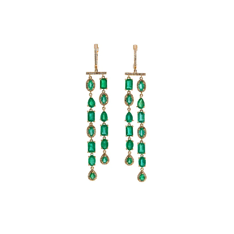 Best hoop earrings with geometric hexagon shapes for a modern, angular look-Fashion-forward hoop earrings for trendy looks -14k Gold, Diamond & Emerald Double Row Earrings