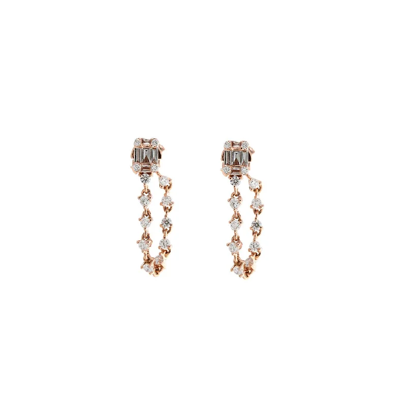 Best hoop earrings with Swarovski crystals for added sparkle and luxury-Chunky gold hoop earrings for a statement -14k Rose Gold Diamond Baguette and Diamond Chain Studs