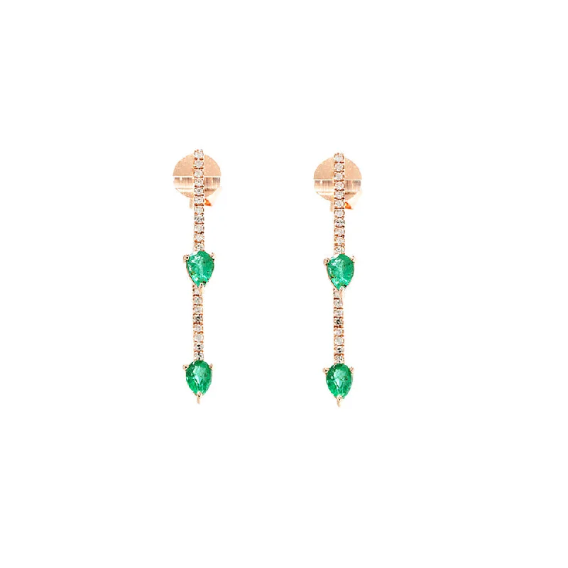 Hoop earrings with cut-out designs for a creative and lightweight effect-Hoop earrings with a polished finish for everyday wear -14K Rose Gold Diamond Pave and Emerald Front Back Straight Line Earring