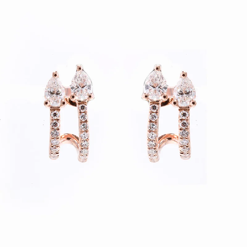 Best hoop earrings with custom engravings for a personalized and meaningful gift-Hoop earrings with colorful enamel detailing -14K Rose Gold Diamond Pave Double Row and Double Pear Shape Diamond Earrings