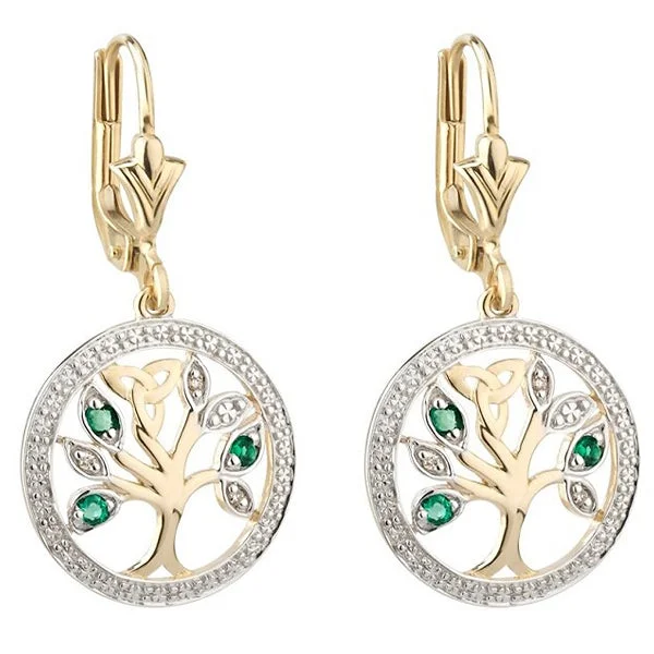 Lightweight hoop earrings for comfortable and all-day wear-Hoop earrings for teenagers -14k Gold, Diamonds & Emeralds Tree of Life Earrings