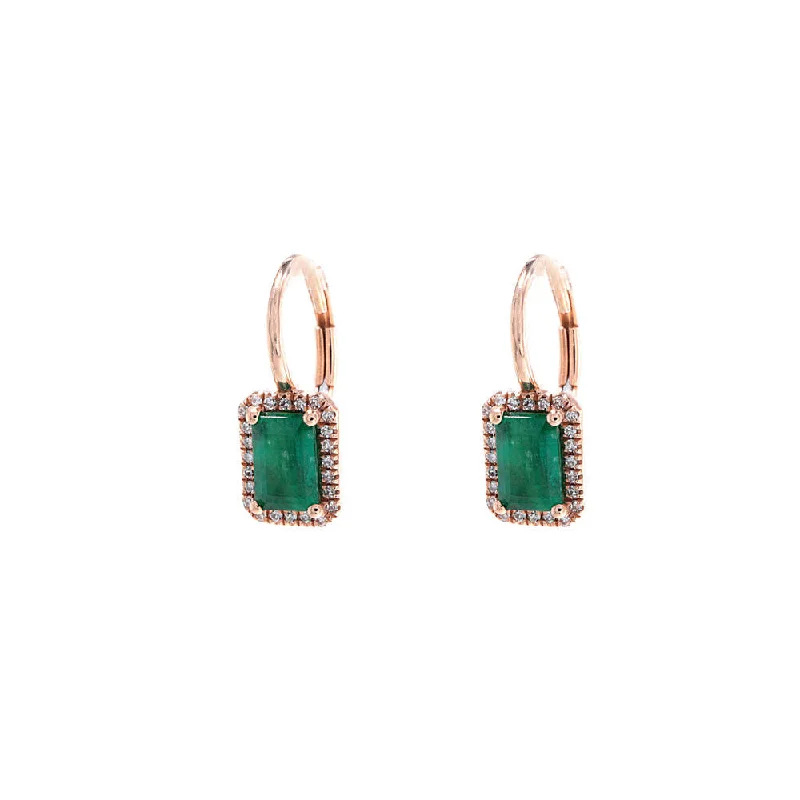 Hoop earrings with oversized designs for a bold, fashion-forward statement-Hoop earrings with gemstone accents -14K Rose Gold Emerald & Diamond Drop on French Back