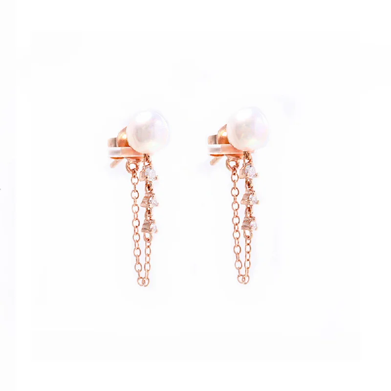 Medium hoop earrings for an everyday look with the perfect balance of style-Hoop earrings for a chic fashion statement -14K Rose Gold Pearl Stud and Diamond Chain Earring