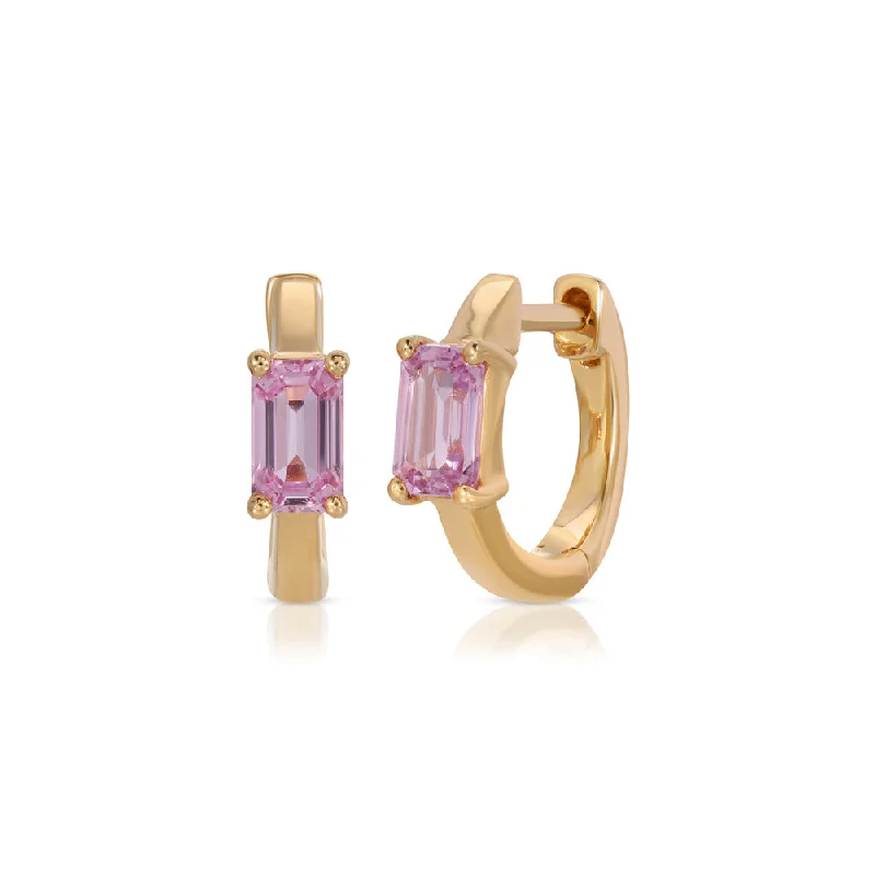 Best hoop earrings with angel wing accents for a spiritual and meaningful design-Colored hoop earrings for a pop of fun -14K Rose Gold and Emerald Cut Pink Sapphire Huggy