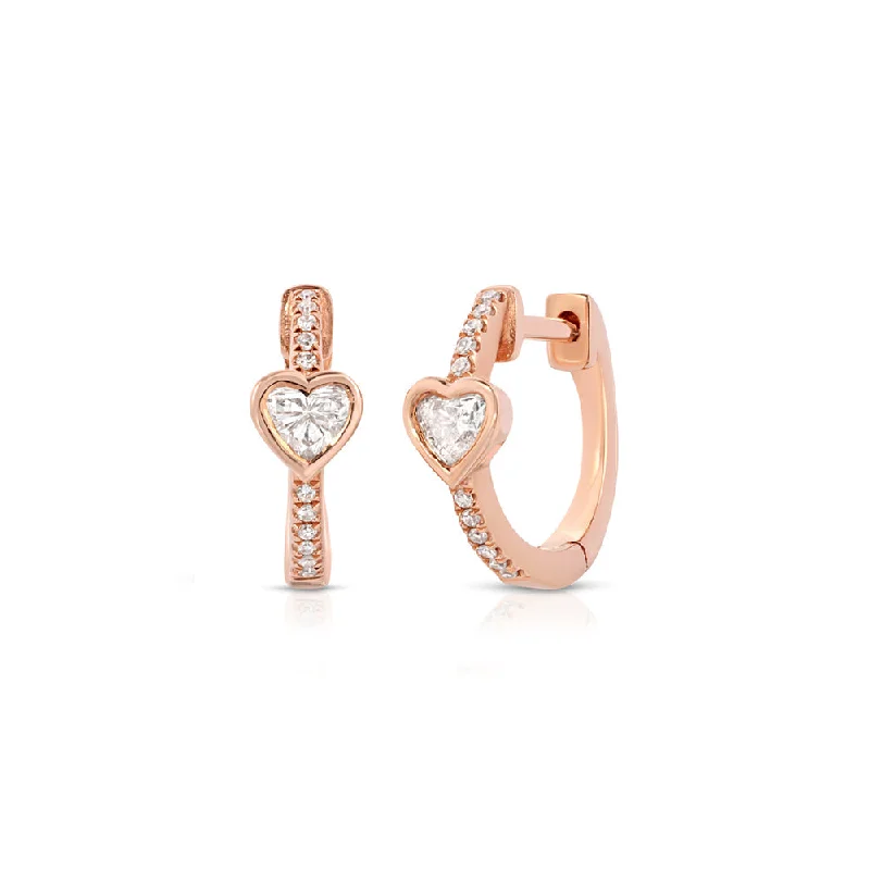 Hoop earrings with oversized designs for a bold, fashion-forward statement-Hoop earrings with gemstone accents -14K Rose Gold Diamond Heart And Diamond Pave Huggy