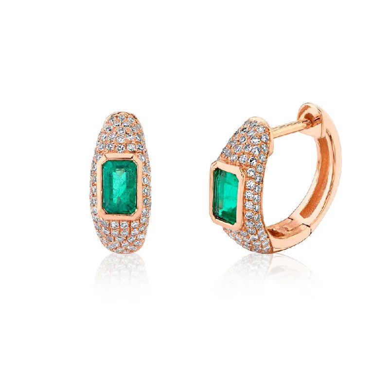 Hoop earrings with tortoiseshell designs for a chic and classic style-Hoop earrings with butterfly design for a cute vibe -14K Rose Gold Diamond Pave and Emerald Huggy