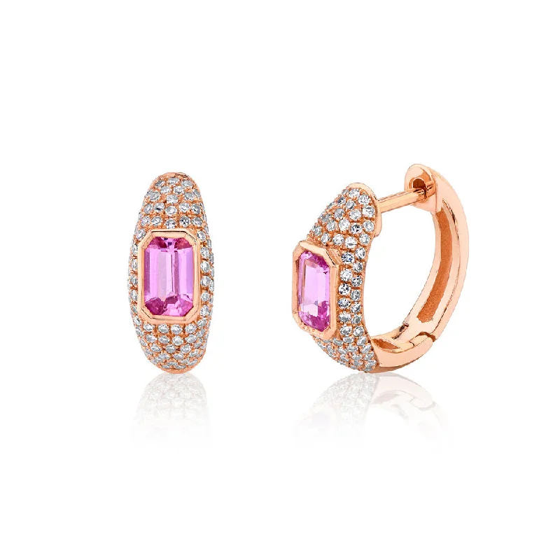 Hoop earrings with resin accents for a bold and colorful design-Hoop earrings with an open design for a modern look -14K Rose Gold Diamond Pave and Pink Sapphire Huggy