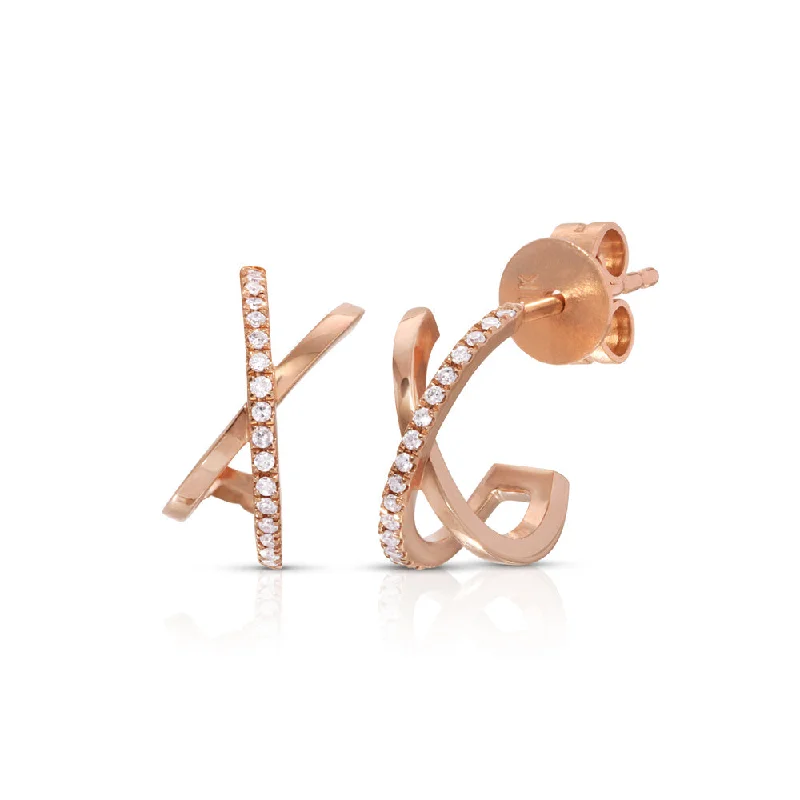 Hoop earrings with open designs for a modern, lighthearted vibe-Gold hoop earrings with a smooth finish -14K Rose Gold Diamond Pave & Gold “X” Huggy