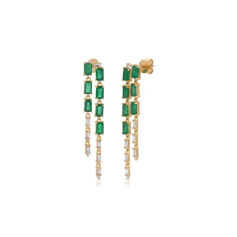 Best hoop earrings with matte finish for a sophisticated, understated design-Fashion hoop earrings for a youthful appearance -14K Rose Gold Emerald and Diamond Baguettes Double Row Straight Line Earrings