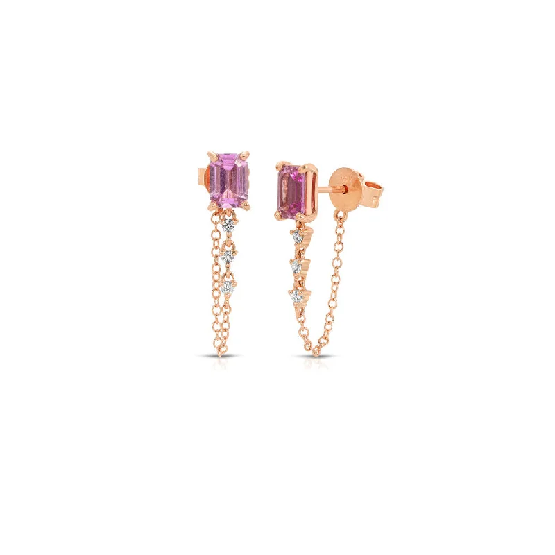 Best hoop earrings with crescent-shaped designs for a bold, moon-inspired style-Silver hoop earrings with colorful accents -14K Rose Gold Pink Sapphire and Diamond Drop Stud