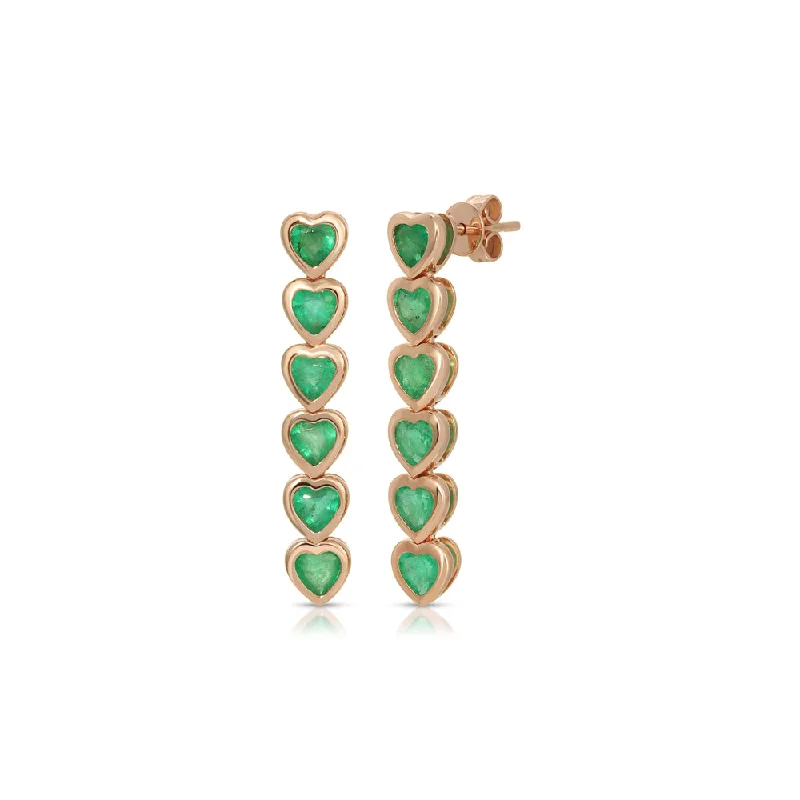 Hoop earrings with floral motifs for a feminine and nature-inspired look-Hoops with pearl drops for a sophisticated look -14K Rose Gold Multiple Emerald Heart Straight Line Earrings